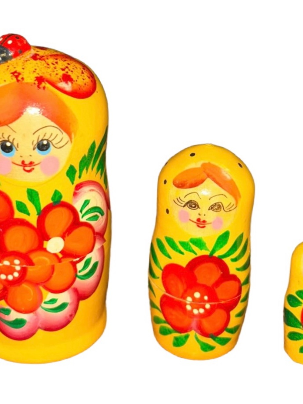 Russian Wooden Yellow & Red Nesting Stacking Matryoshka Dolls~ 3 Piece Painted